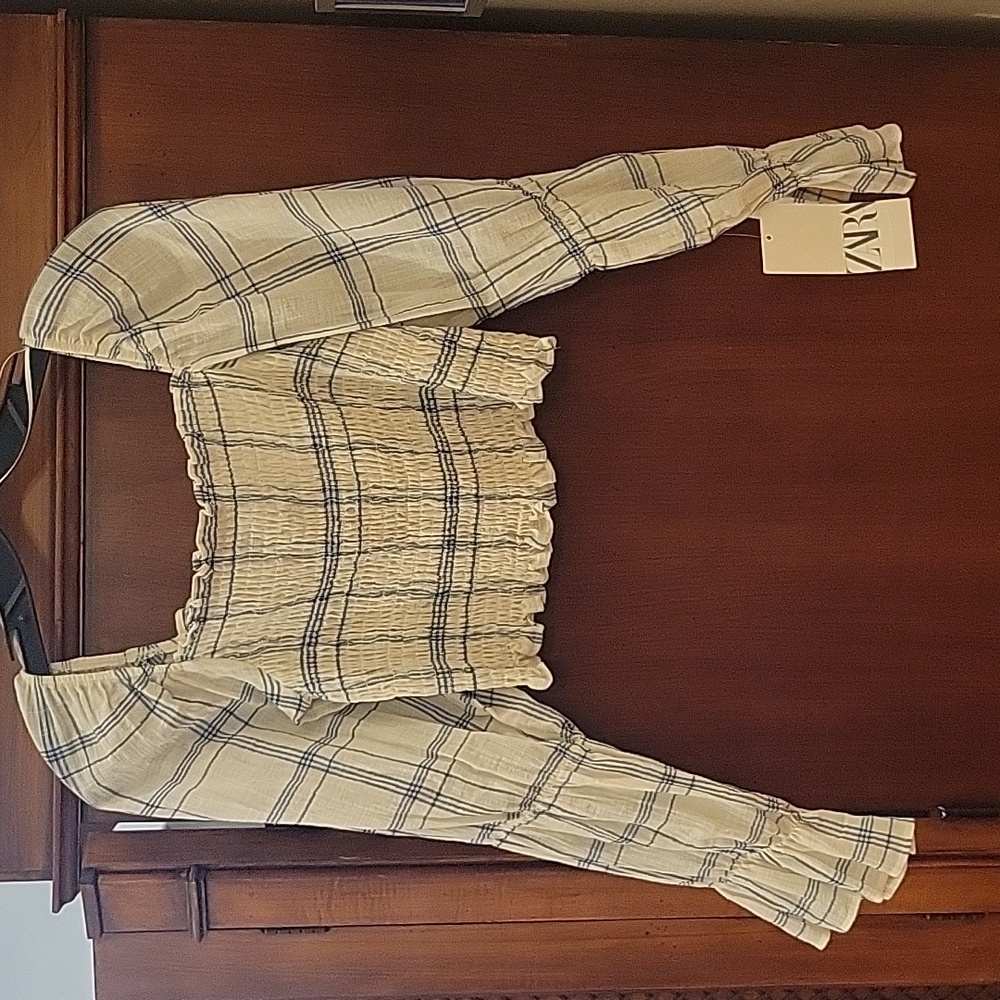 Zara | Plaid Long Sleeve Crop Top with Smocking At Chest 100% Cotton - M - Picture 2 of 10